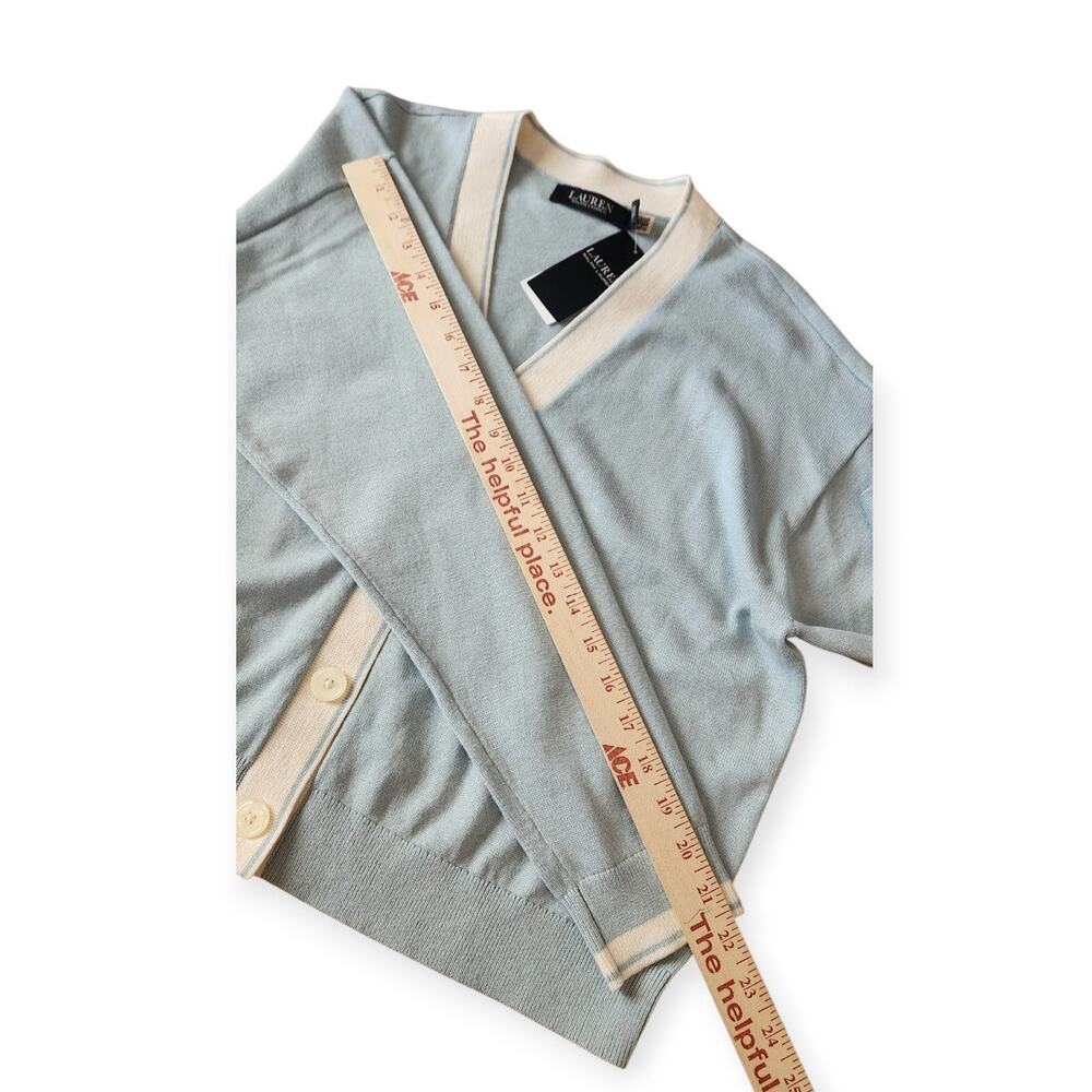 Black Label Ralph Lauren Blue Cream Cropped V Neck Cardigan Sweater Women Large - Picture 9 of 10